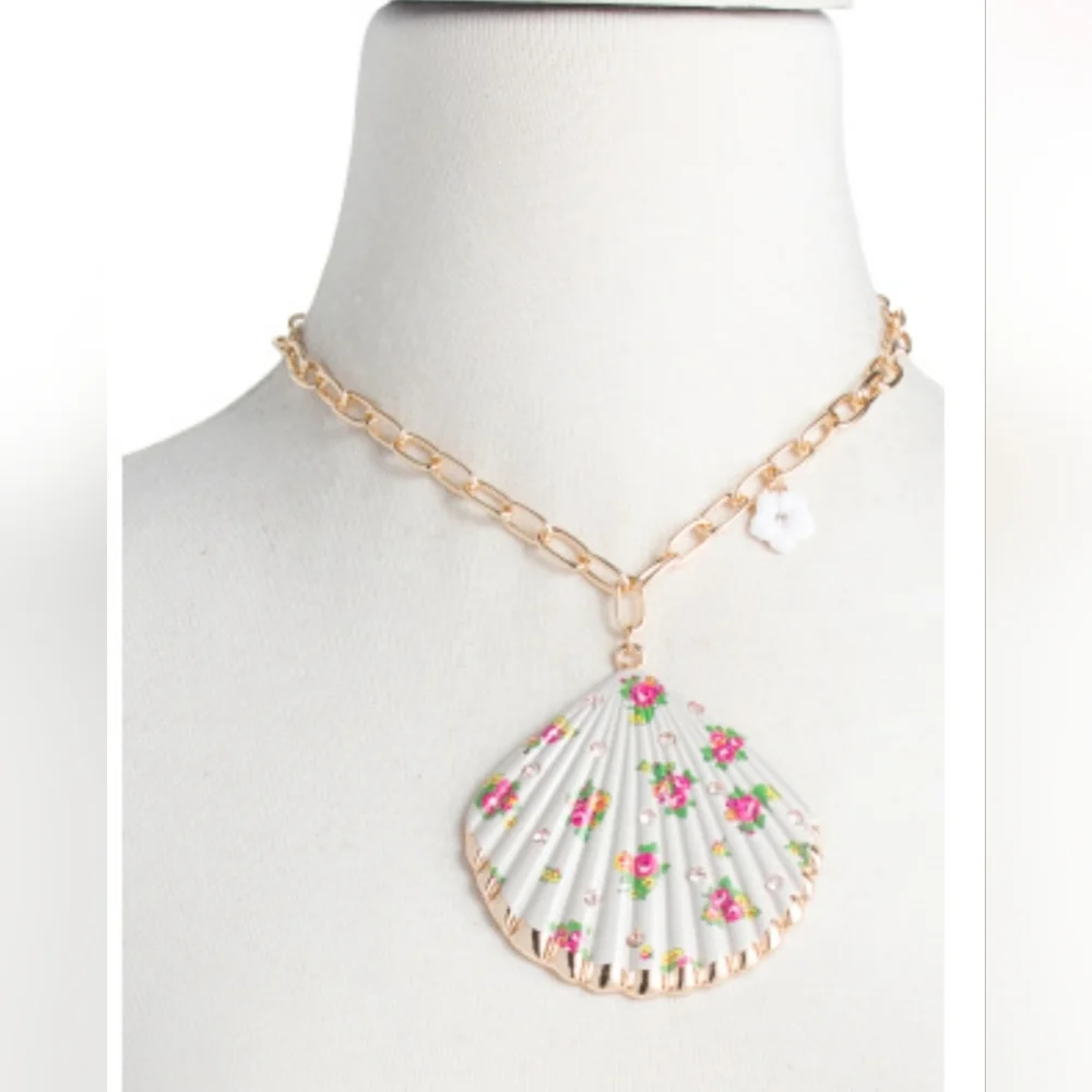 NWT Betsey Johnson Floral Print Shell Necklace - Picture 2 of 4